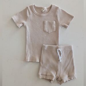 LPK | Ribbed Short Sleeve Pocket Top and Shorts Set - Light Beige